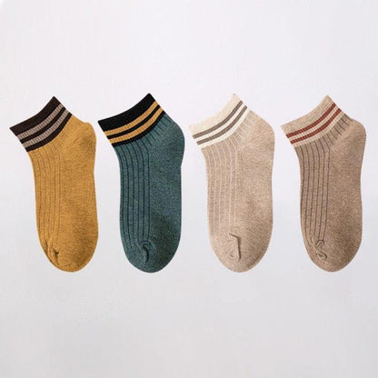 4-pair cotton ankle socks in mustard, teal, beige and taupe with striped cuffs on Tampa Home & Garden Store