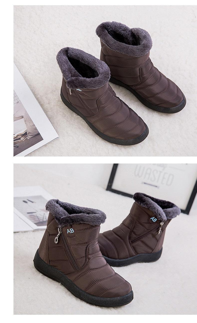 Brown Women's padded snow boots with plush fur lining, side zip, anti-slip sole, waterproof on Tampa Home & Garden Store