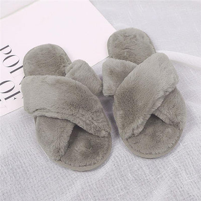 Slippers Stevvex gray fluffy faux-fur with cross straps open toe indoor slip-ons pair on Tampa Home & Garden Store