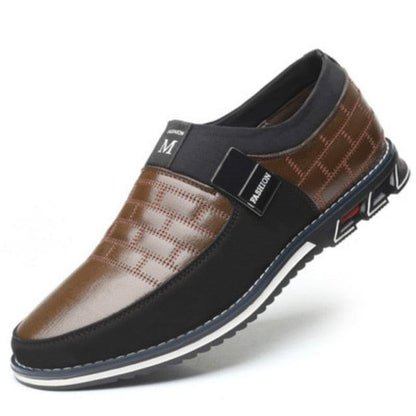 Stevvex men's leather casual sneakers brown and black grid-pattern panels, ST85SH7410BFK on Tampa Home & Garden Store