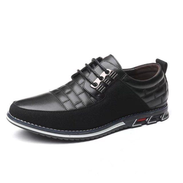 Stevvex men's black leather casual sneakers with quilted side panels and lace-up front on Tampa Home & Garden Store