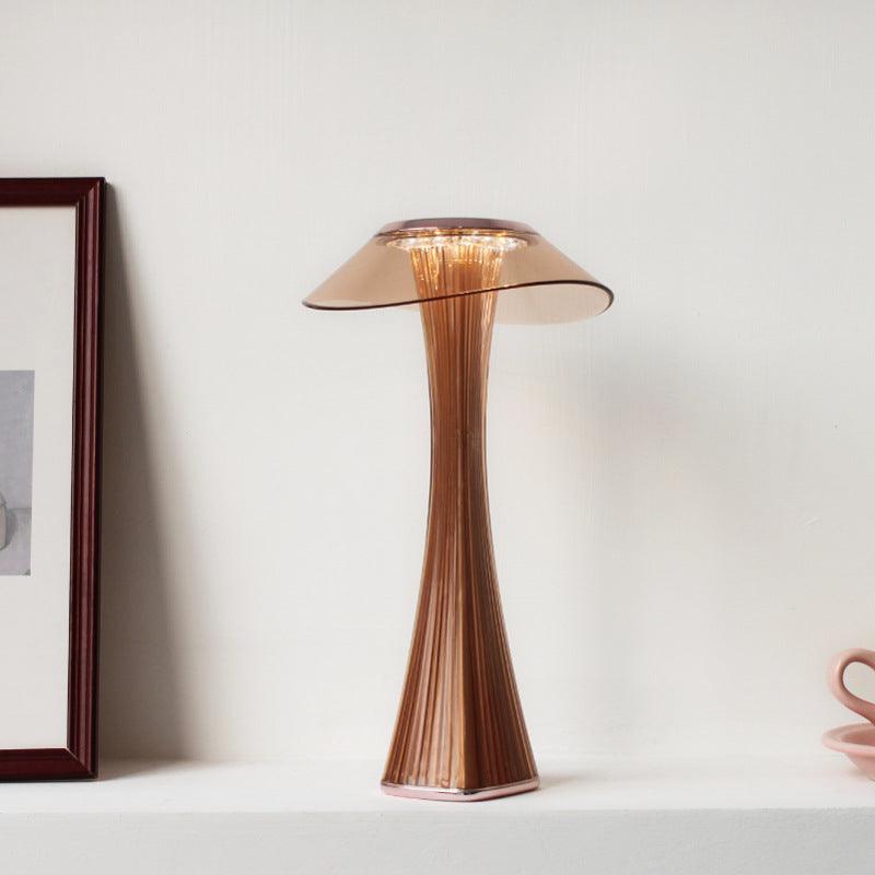 LED Table Lamp Stevvex with brown wood-style base and transparent amber shade on Tampa Home & Garden Store