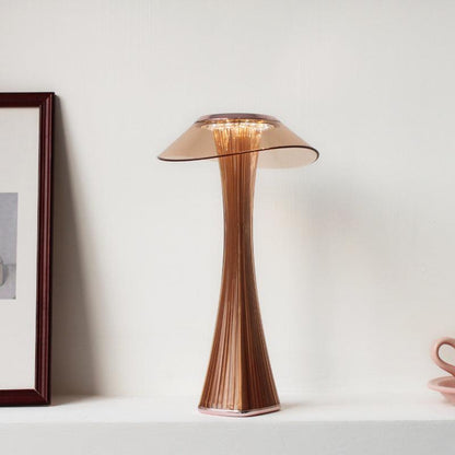 LED Table Lamp Stevvex with brown wood-style base and transparent amber shade on Tampa Home & Garden Store