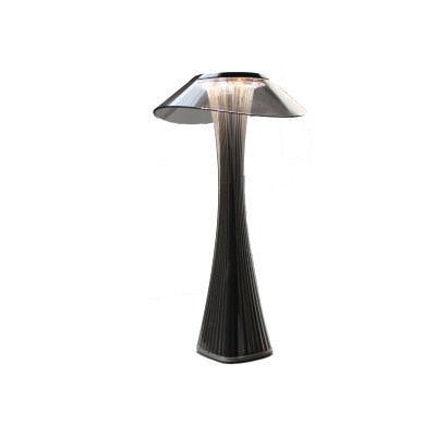 Stevvex LED table lamp with dark wood-grain curved base and transparent crystal shade on Tampa Home & Garden Store