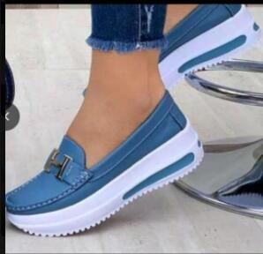 Blue Stevvex women's espadrille sneaker with white sole and metal buckle on Tampa Home & Garden Store