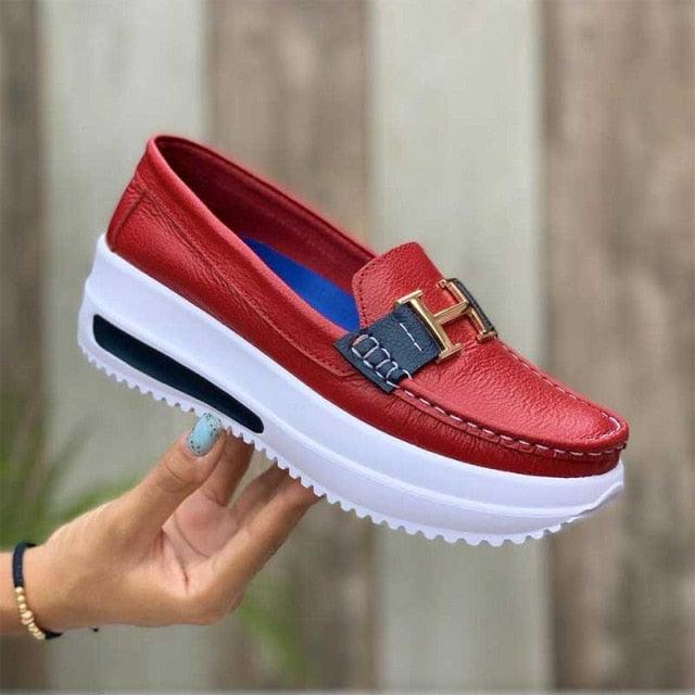 Red leather espadrille sneaker by Stevvex with white platform sole and blue strap detail on Tampa Home & Garden Store