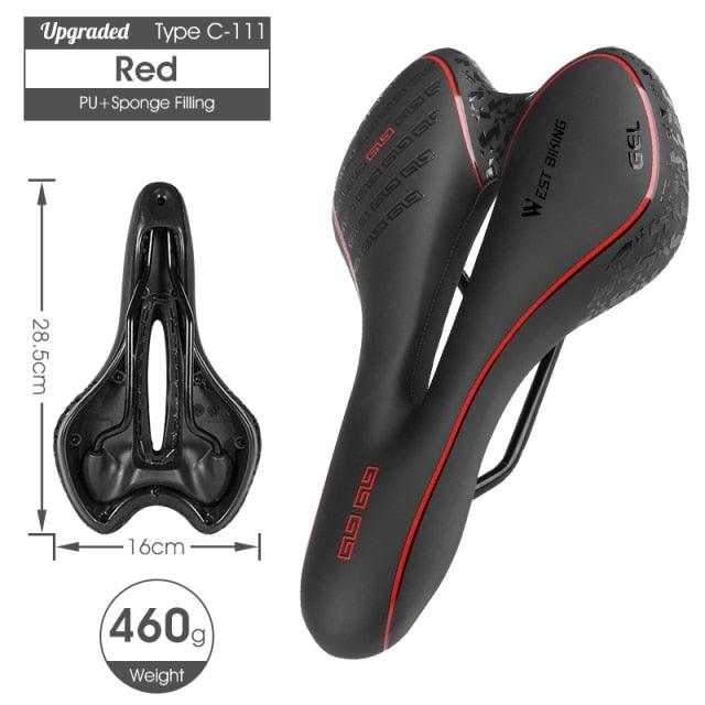 Stevvex bike saddle pair, black with red trim, PU leather gel-filled cushions, anti-slip on Tampa Home & Garden Store