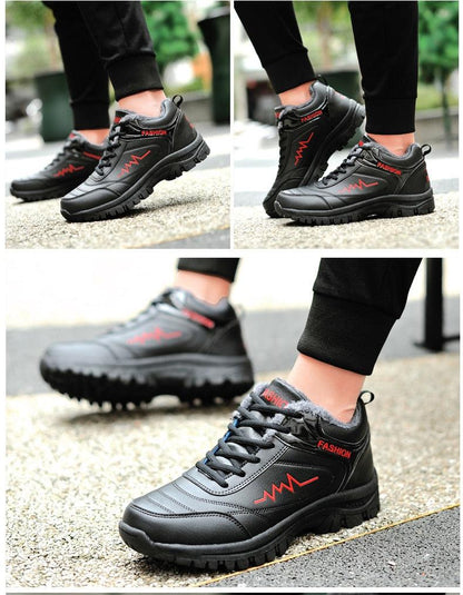 Stevvex black winter boots pair with plush lining, rugged outsole and red stitching on Tampa Home & Garden Store
