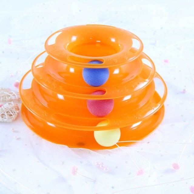 Orange triple-disc cat toy with stacked rings and balls for kitten exercise on Tampa Home & Garden Store