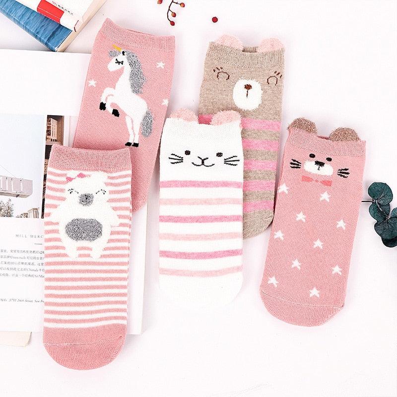 Stevvex 5-pair cotton ankle socks set with 3D Harajuku cat designs in pink white beige on Tampa Home & Garden Store