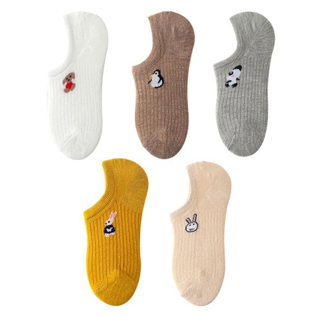 Stevvex ankle sock set 5-pair white brown gray mustard beige 3D animal embroidery on Tampa Home & Garden Store