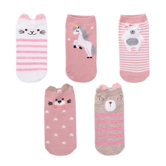 Stevvex 5-pair cotton ankle socks set with pink 3D cartoon Harajuku cats unicorn bears on Tampa Home & Garden Store