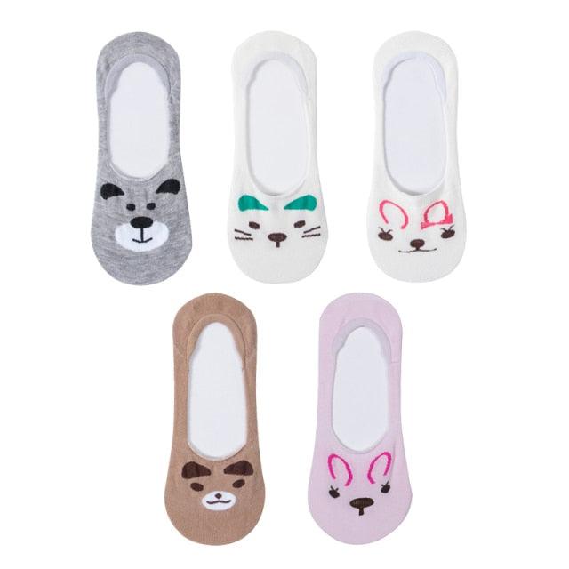 Stevvex 5-pair invisible cotton ankle socks with cartoon cat/bunny faces on Tampa Home & Garden Store