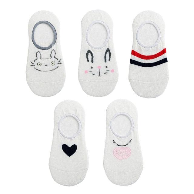 Stevvex 5-pair white cotton ankle socks set with 3D cat, bunny, hearts, striped designs on Tampa Home & Garden Store