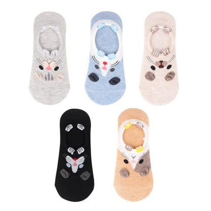 5-pair cotton ankle socks set Stevvex with 3D Harajuku cat faces in grey blue beige black peach on Tampa Home & Garden Store