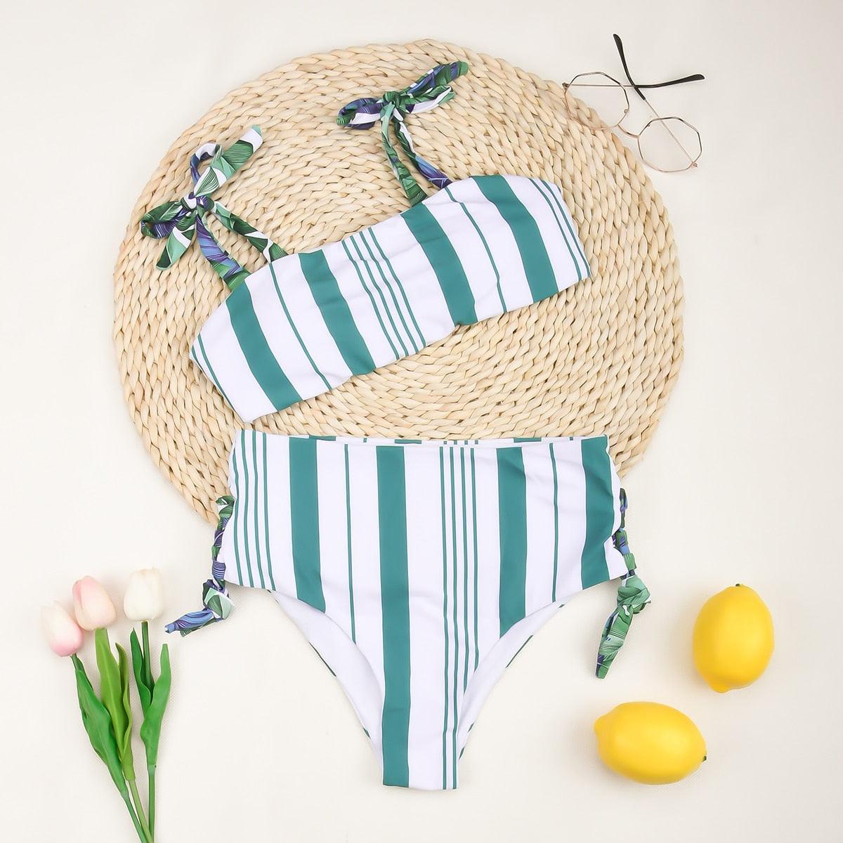 Stevvex striped high waist bikini set in white and green with halter top and tie bottoms on Tampa Home & Garden Store
