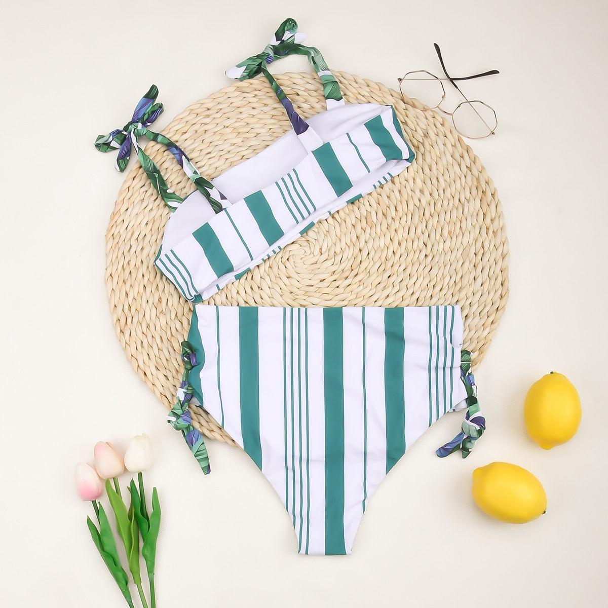 Stevvex women's push-up bikini set, white teal stripes, high-waist bottom with side bows on Tampa Home & Garden Store