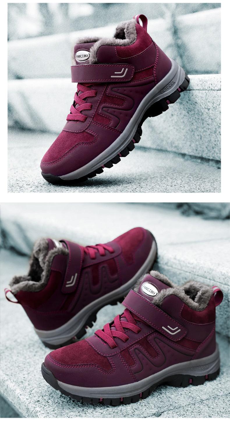 Stevvex burgundy fur-lined winter boots with Velcro strap and rugged outsole on Tampa Home & Garden Store