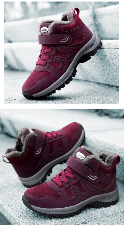 Stevvex burgundy fur-lined winter boots with Velcro strap and rugged outsole on Tampa Home & Garden Store