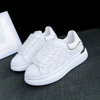 White women's sneakers with thick platform sole, lace-up, decorative side pattern, gold heel on Tampa Home & Garden Store