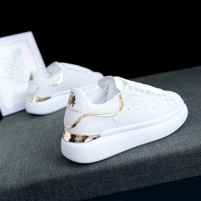 Stevvex women's white sneakers with thick sole, a pair, gold metallic heel, lace-up casual sports shoes on Tampa Home & Garden Store