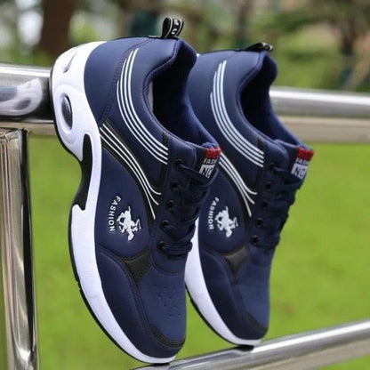 Stevvex men's navy leather sneakers with white sole, casual fashion running shoes pair on Tampa Home & Garden Store