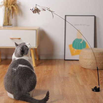 Stevvex Cat Teaser Wand Toy: Funny Feather Bird with Bell, curved wand, plush feathers on Tampa Home & Garden Store