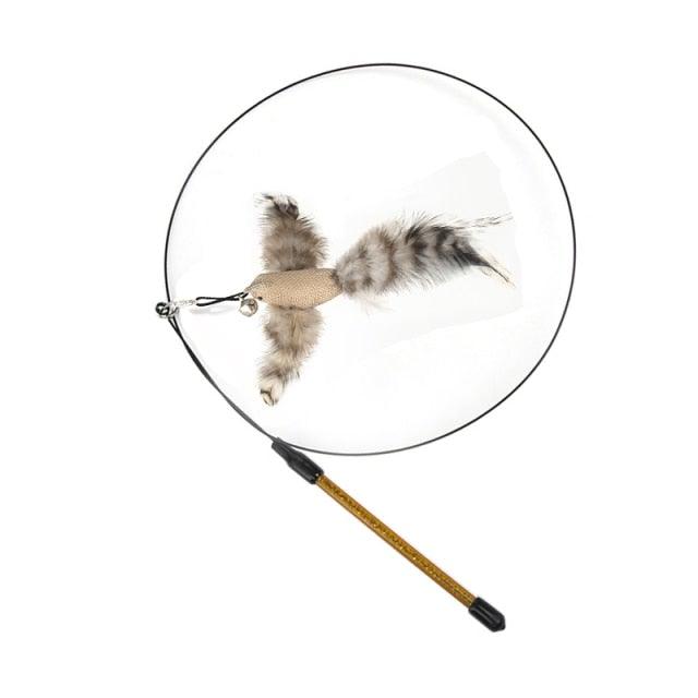 Stevvex cat teaser wand toy with feathered ring and two fluffy feather clusters beige strap on Tampa Home & Garden Store