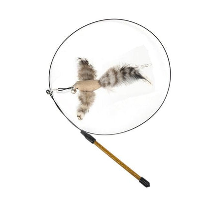 Stevvex cat teaser wand toy with feathered ring and two fluffy feather clusters beige strap on Tampa Home & Garden Store