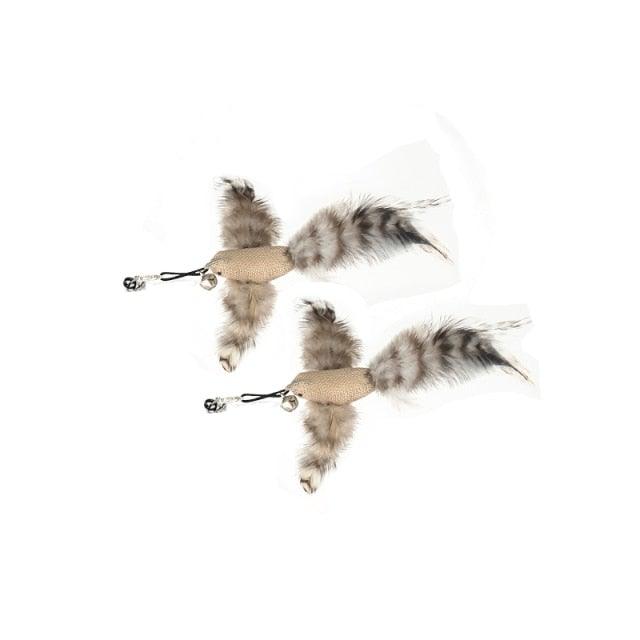 Stevvex cat teaser wand with feather bird, beige plush body, grey tails, bell, set of 2 on Tampa Home & Garden Store