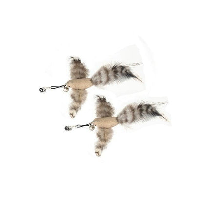 Stevvex cat teaser wand with feather bird, beige plush body, grey tails, bell, set of 2 on Tampa Home & Garden Store