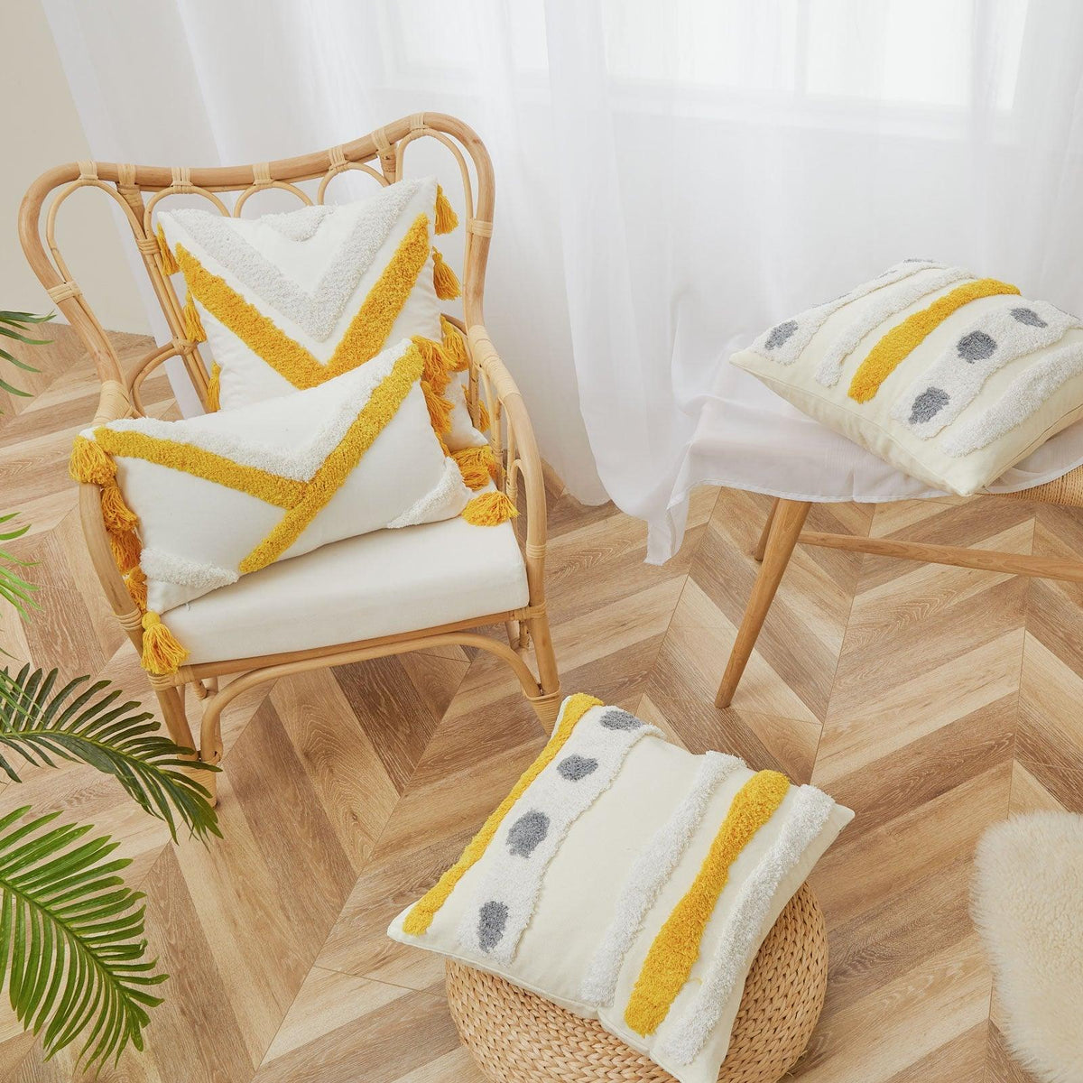Cushion cover beige tufted cotton-linen hand-woven Stevvex decorative pillow set on Tampa Home & Garden Store
