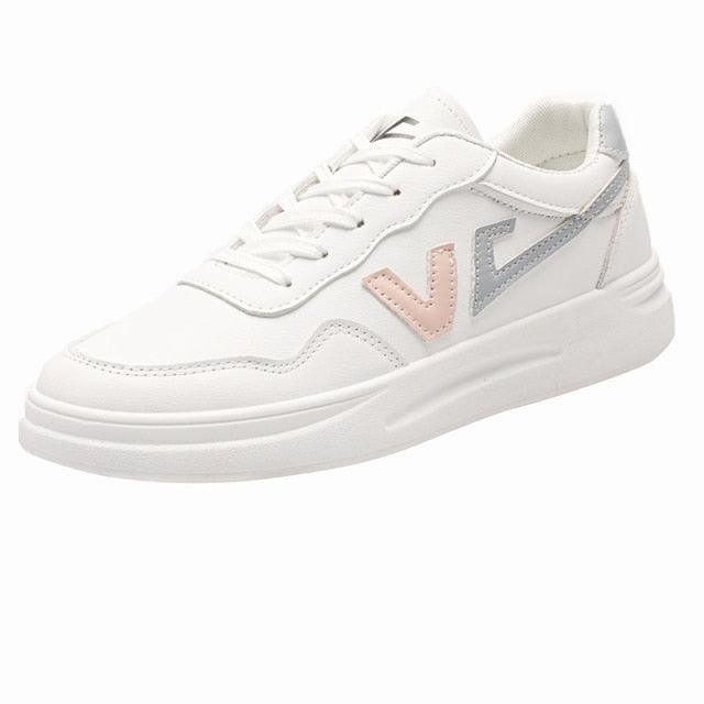 Stevvex white PU leather platform sneakers with lace-up front and and pastel pink silver V panels on Tampa Home & Garden Store