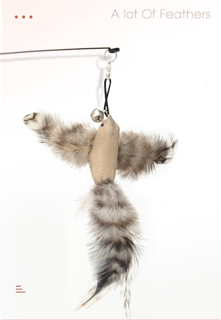 Stevvex Feather Bird Cat Teaser Wand Toy with Bell, beige body and fluffy gray feathers on Tampa Home & Garden Store