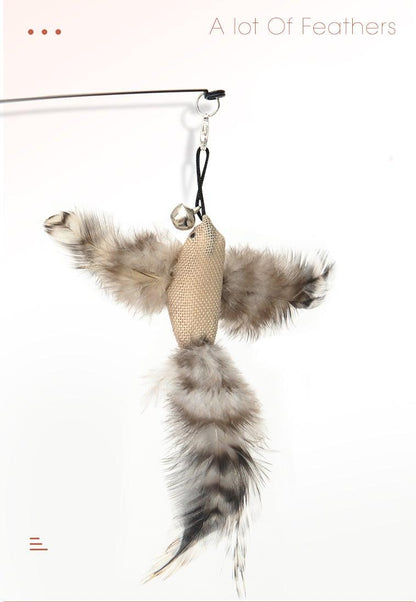 Stevvex Feather Bird Cat Teaser Wand Toy with Bell, beige body and fluffy gray feathers on Tampa Home & Garden Store
