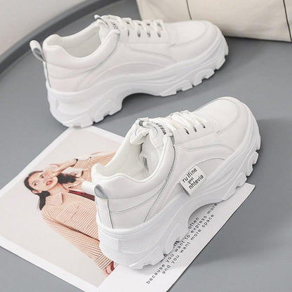 Stevvex white platform sneakers for women, chunky sole, lace-up, casual winter fashion on Tampa Home & Garden Store