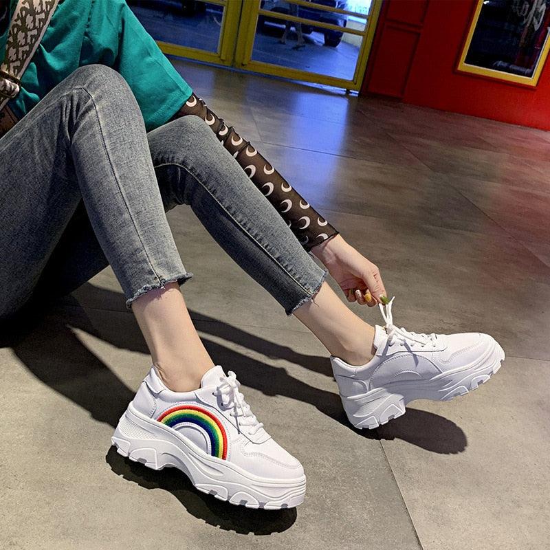 White chunky platform sneakers with rainbow arc lace-up, women's casual winter Stevvex sneakers on Tampa Home & Garden Store