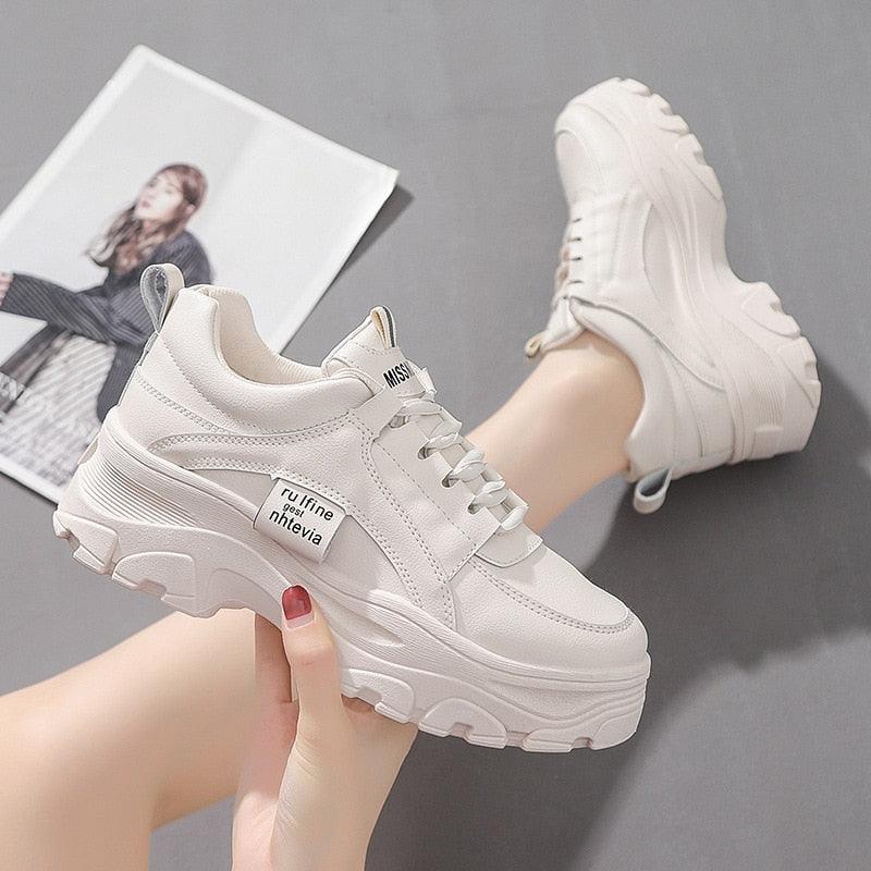 Stevvex white platform sneakers, lace-up chunky sole for casual winter women shoes on Tampa Home & Garden Store