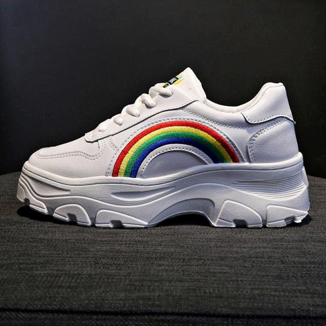 Casual Winter Thick Sneakers white with rainbow arc, lace-up, platform sole Stevvex on Tampa Home & Garden Store