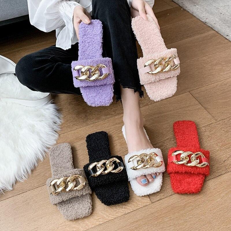 Stevvex fuzzy square-toe chain slide sandals in six colorways with gold chain strap on Tampa Home & Garden Store