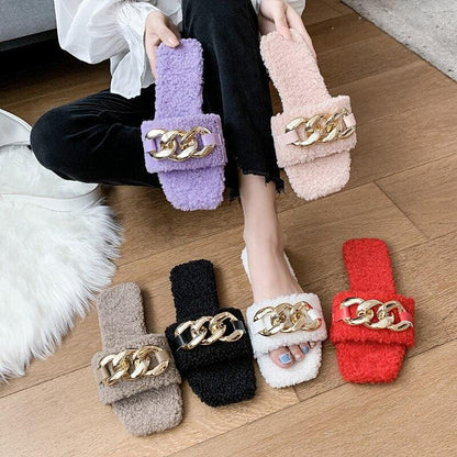 Stevvex fuzzy square-toe chain slide sandals in six colorways with gold chain strap on Tampa Home & Garden Store
