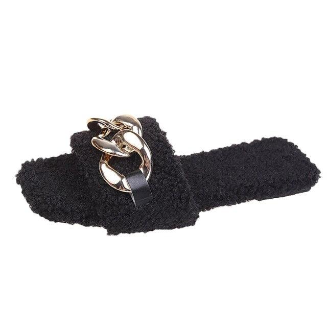 Stevvex women's black fuzzy slide sandal with a gold chain strap open-toe slip-on on Tampa Home & Garden Store