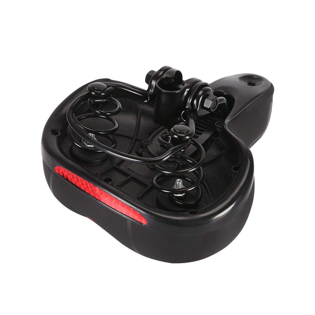 Stevvex bike saddle with springs and rails, black padded cushion with red reflective stripe on Tampa Home & Garden Store