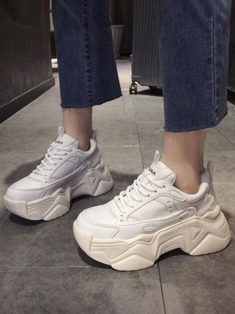 Stevvex women platform sneakers white leather chunky lace-up pair shown on Tampa Home & Garden Store