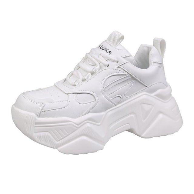Stevvex white leather platform sneakers with chunky sole, lace-up casual women's shoes on Tampa Home & Garden Store