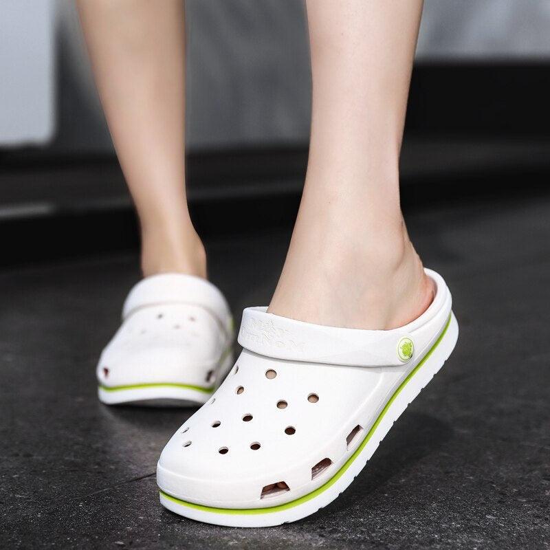 Stevvex white perforated slip-on sandals pair with lime accent sole beach slides on Tampa Home & Garden Store