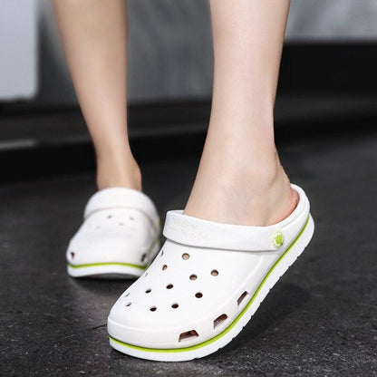Stevvex white perforated slip-on sandals pair with lime accent sole beach slides on Tampa Home & Garden Store