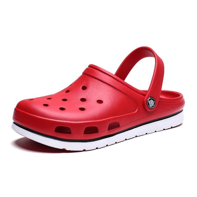 Stevvex red women's clogs with back strap, perforated upper and white sole on Tampa Home & Garden Store