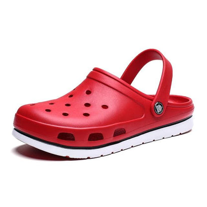 Stevvex red women's clogs with back strap, perforated upper and white sole on Tampa Home & Garden Store