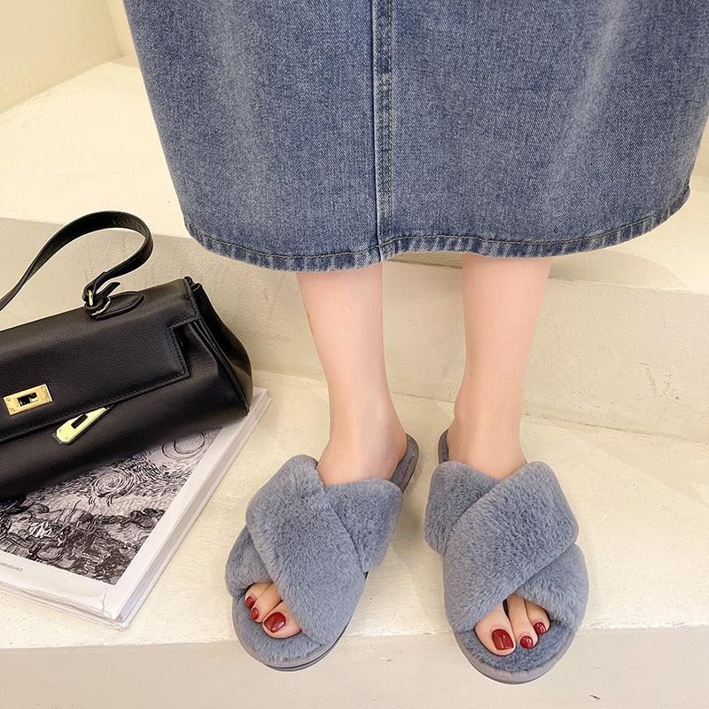 Fluffy Stevvex faux fur cross-strap slippers for women, grey memory foam indoor slides on Tampa Home & Garden Store